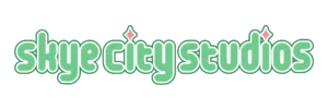 Skye City Studios logo in green with light red four pointed stars.