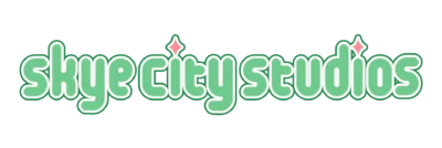 Skye City Studios logo in green with light red four pointed stars.